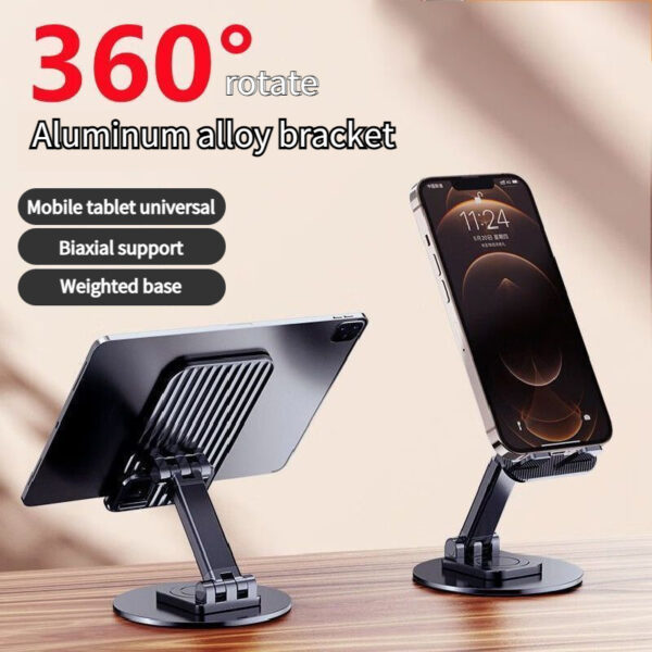 Foldable Phone Stand For Desk - Height Adjustable Cell Phone Holder Portable Cellphone Cradle Desktop Dock Metal Base 360 Degree Rotatable Compatible With Phone Tablet PC - Image 5