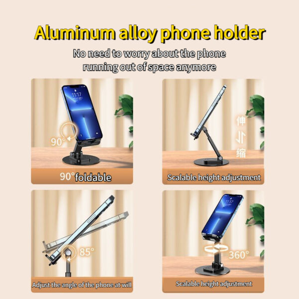 Foldable Phone Stand For Desk - Height Adjustable Cell Phone Holder Portable Cellphone Cradle Desktop Dock Metal Base 360 Degree Rotatable Compatible With Phone Tablet PC - Image 2