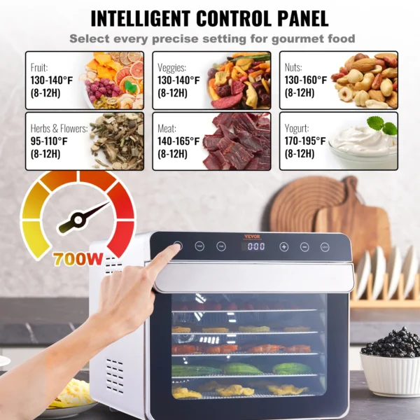 VEVOR 6 Trays Food Dehydrator Machine 700W Stainless Steel Electric Food Dryer w/ Digital Adjustable Timer & Temperature - Image 4
