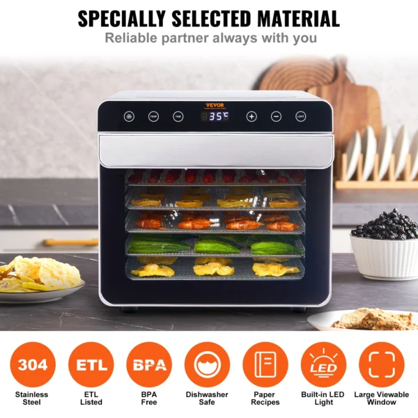 VEVOR 6 Trays Food Dehydrator Machine 700W Stainless Steel Electric Food Dryer w/ Digital Adjustable Timer & Temperature - Image 5