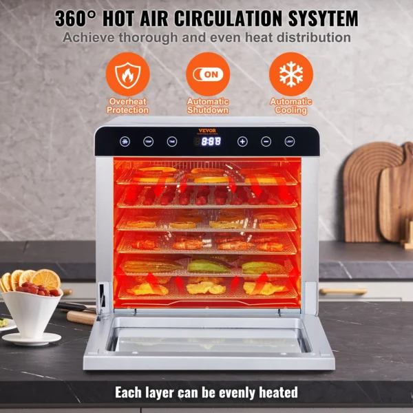 VEVOR 6 Trays Food Dehydrator Machine 700W Stainless Steel Electric Food Dryer w/ Digital Adjustable Timer & Temperature - Image 6