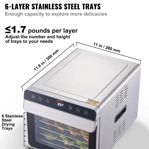 VEVOR 6 Trays Food Dehydrator Machine 700W Stainless Steel Electric Food Dryer w/ Digital Adjustable Timer & Temperature - Image 3