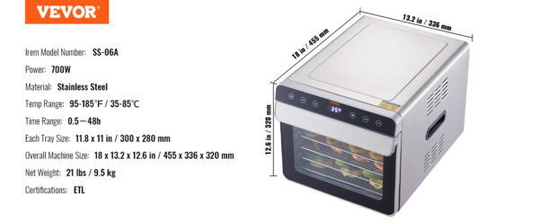 VEVOR 6 Trays Food Dehydrator Machine 700W Stainless Steel Electric Food Dryer w/ Digital Adjustable Timer & Temperature - Image 13