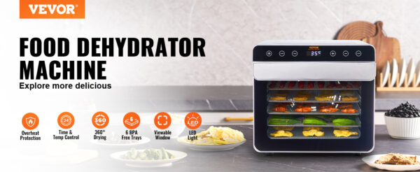 VEVOR 6 Trays Food Dehydrator Machine 700W Stainless Steel Electric Food Dryer w/ Digital Adjustable Timer & Temperature - Image 8