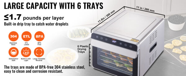 VEVOR 6 Trays Food Dehydrator Machine 700W Stainless Steel Electric Food Dryer w/ Digital Adjustable Timer & Temperature - Image 9